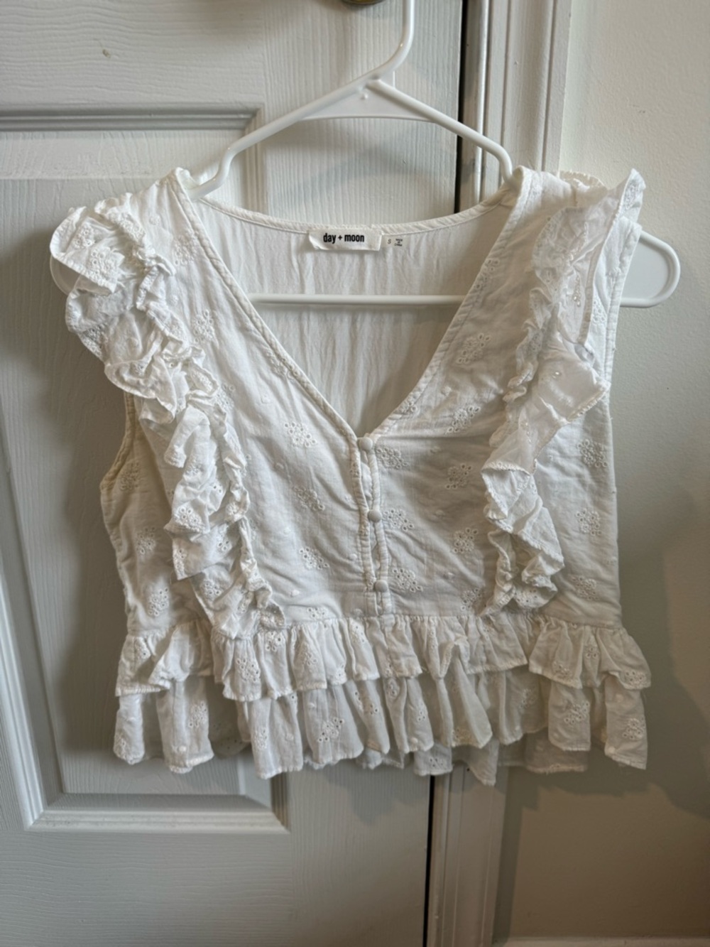 White Ruffled Eyelet V-Neck Top
